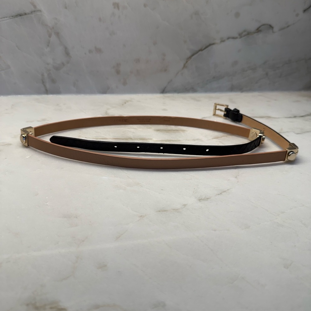 J CREW Mixed Black/Tan Genuine Leather Skinny Belt w/Gold Rivet Embellishments - Picture 3 of 4